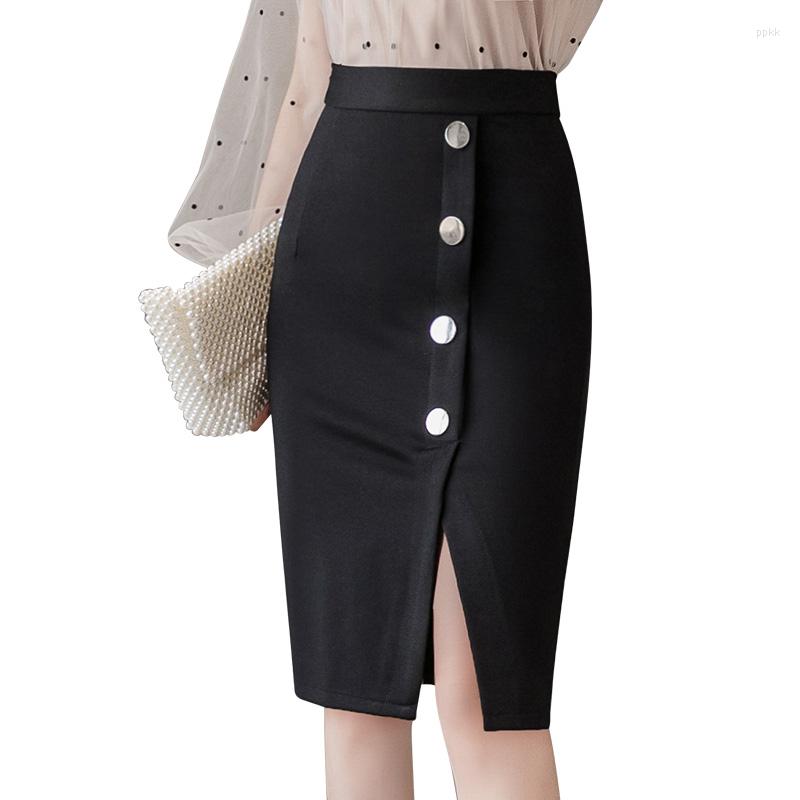 

Skirts 2023 Fashion Single Breasted Pencil Skirt Women Spring Summer Elegant Slit Midi Office Lady Formal, Black