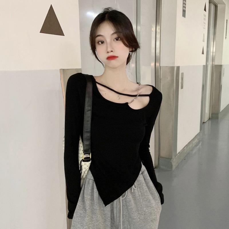 

Women' T Shirts Retro Y2K Caution Machine Long Sleeve Sexy Hollow Irregular Bottoming Shirt TopWomen, Black