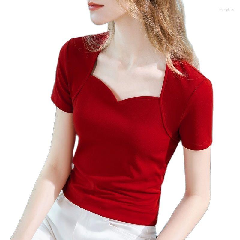 

Women' T Shirts Woman' Clothing Spring Summer Style Basic T-Shirts Tops Lady Slim Short Sleeve Square Collar Sheath SS047, Black