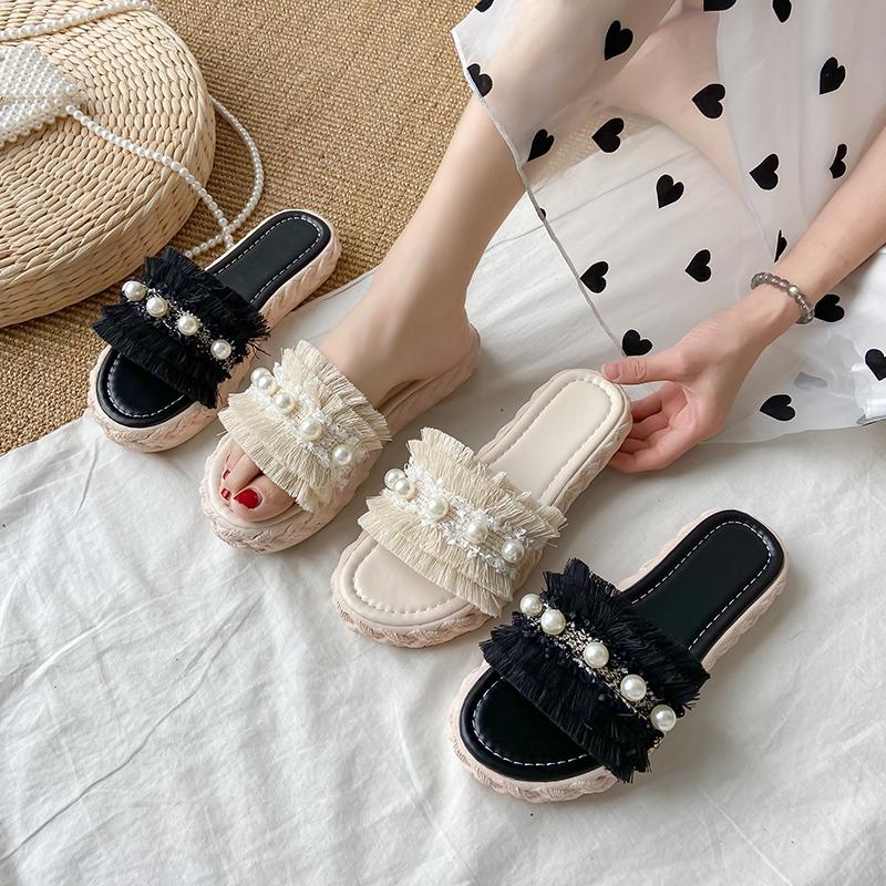 

Slippers Summer WomanSandals Flat Shoes Female String Bead Women Fashion 2023 Luxury Rubber Basic PUShoesWoman 2023String