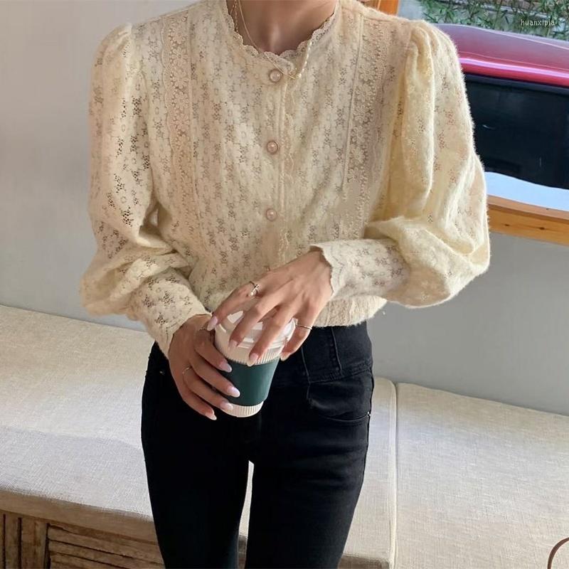 

Women' Blouses Crochet Lace Women Shirt Fashion Vintage Flowers Button Shirts Elegant Casual Loose Puff Long Sleeve Tops Blusas, Apricot
