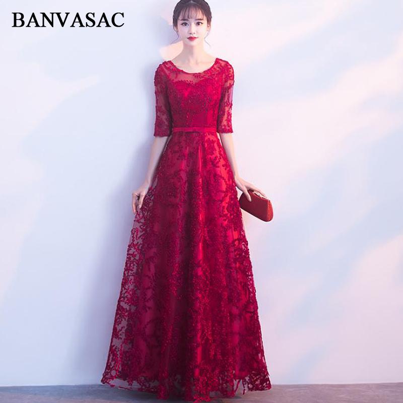 

Party Dresses BANVASAC 2023 Lace Illusion O Neck Bow Sash Long Evening A Line Appliques Half Sleeve Prom Gowns, Red