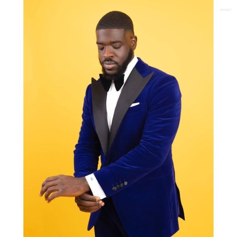 

Men's Suits Blue Velvet Jacket Black Pant Wedding Men Suit 2 Pieces Custom Made Dinner Party Groom Terno Masculino Lapel Men's Set