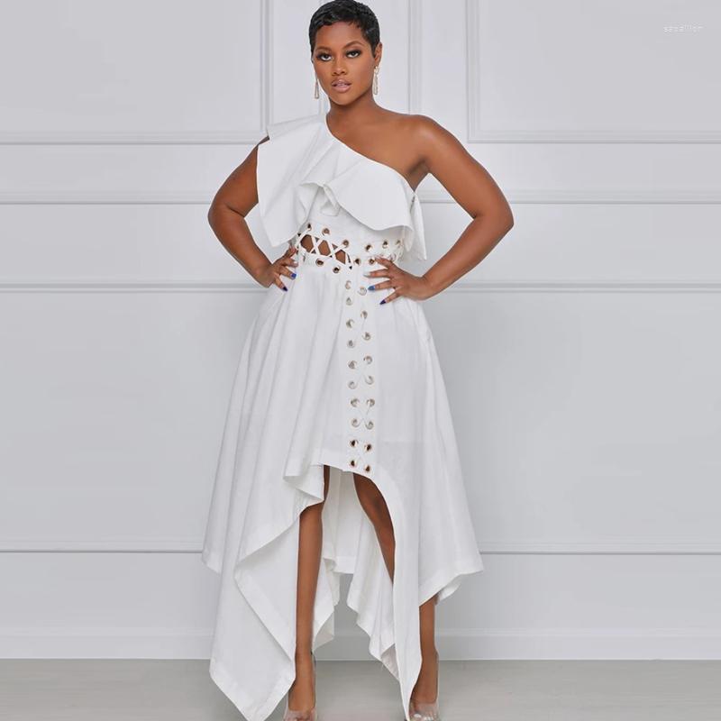 

Party Dresses White Cocktail Hollow Out Solid One Shoulder Midi Evening Prom Wedding