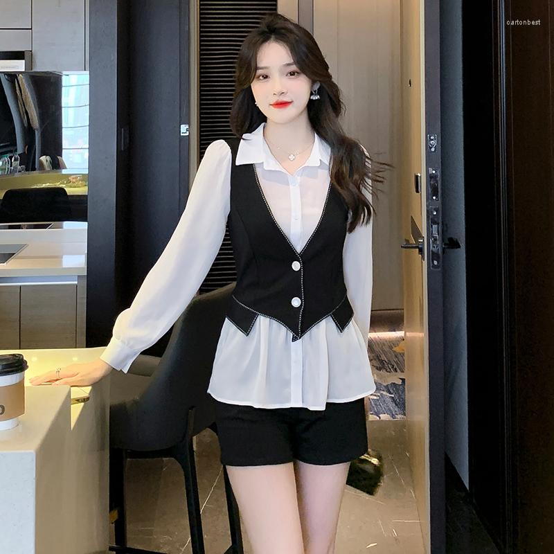 

Work Dresses 2023 Autumn White And Black Patchwork Shirt Vest Stitching Fake Two-piece Tops Shorts Set Outfits, Long sleeve set