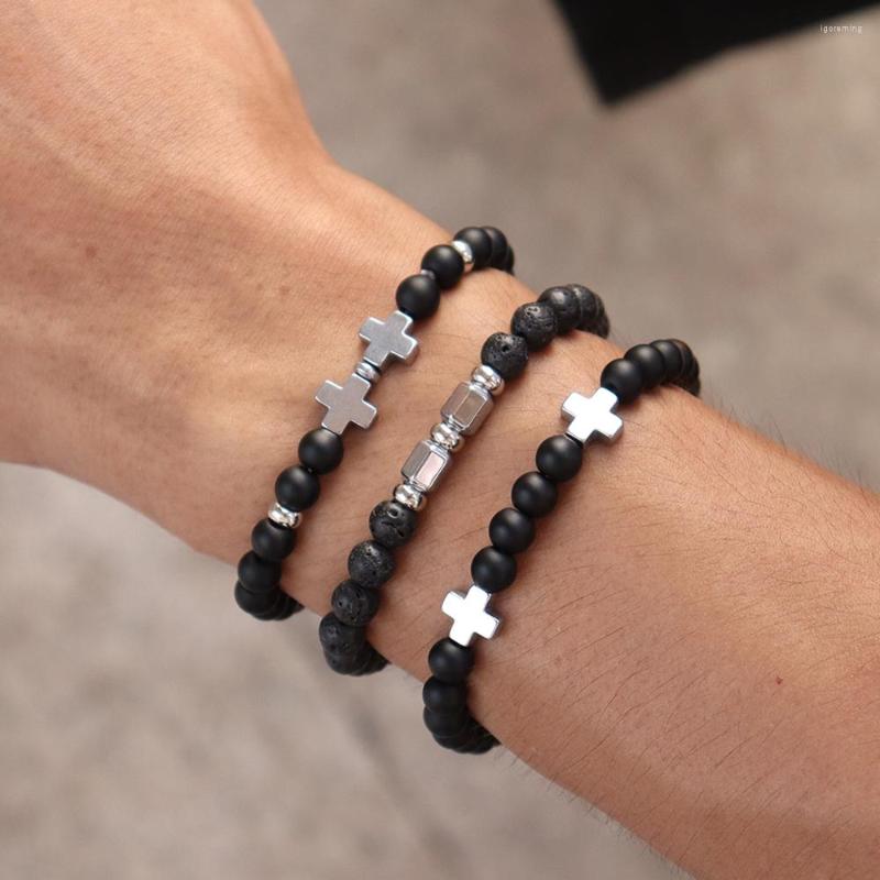 

Strand 2023 Piphop Cross Charm Bracelet Men Simple Handmade Matte Bead Elastic Rope For Jewelry Gift