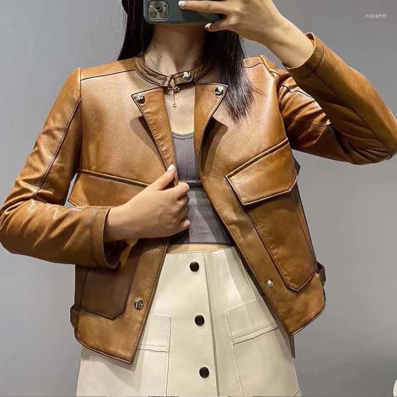 

Women's Leather 2023 Womens Biker Genuine Short Jacket Spring Autumn O-Neck Vintage Sheepskin Coat Casual Office Lady Outerwear Big Poc, Beige