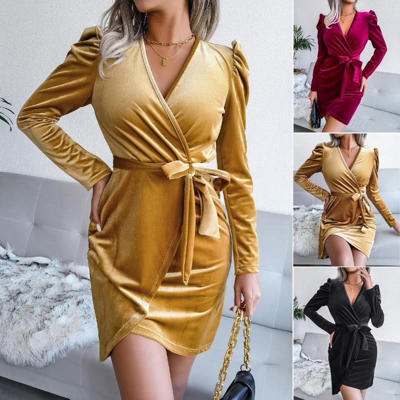 

Casual Dresses Spring Women' Bubble Sleeve Sexy Velvet Buttock Skirt Evening Dress Female & Lady Fashion Elegant, Black