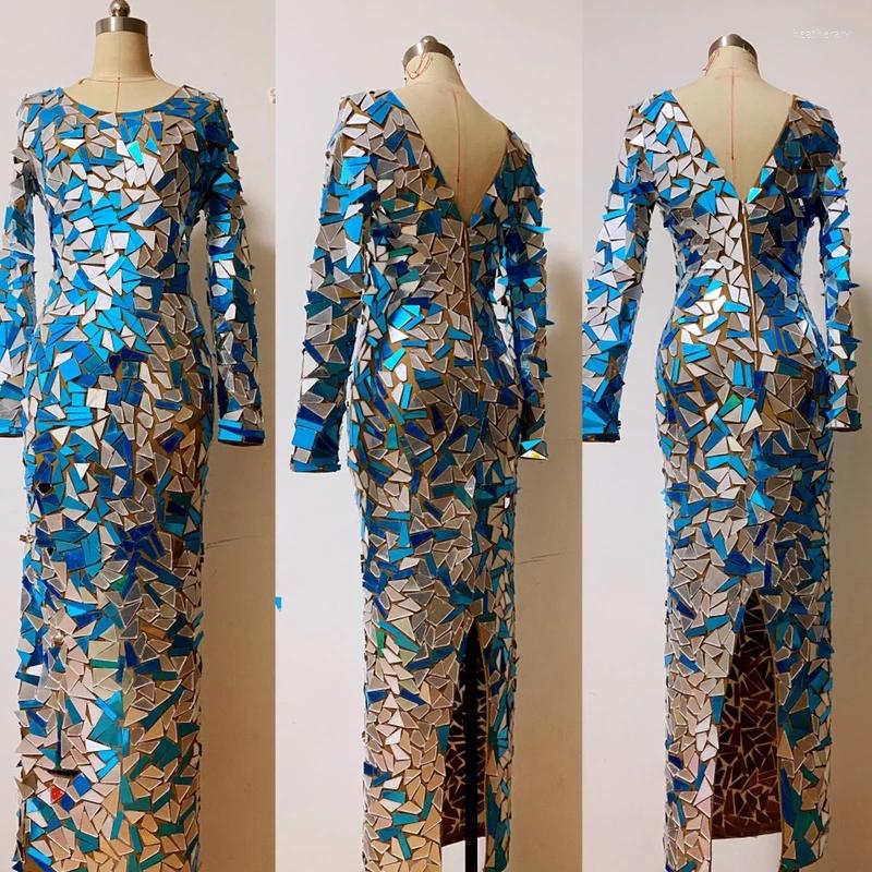 

Stage Wear Nightclub Show Handmade Mirror Long Dress Full-Body Sequined Dresses Female Bar Birthday Prom Costume, Silver