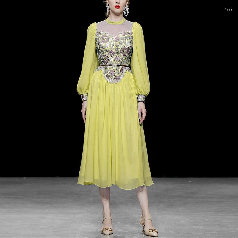 

Casual Dresses LINDA DELLA 2023 Fashion Designer Women Summer Models Temperament Yellow Lace Splicing Slim Lantern Sleeve