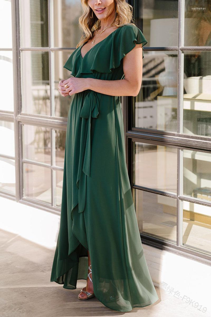 

Casual Dresses 2023 V-neck Irregular Swing High Waist Lace-up Women Long Maxi Dress Sexy Ruffles Evening Party Solid Color, White