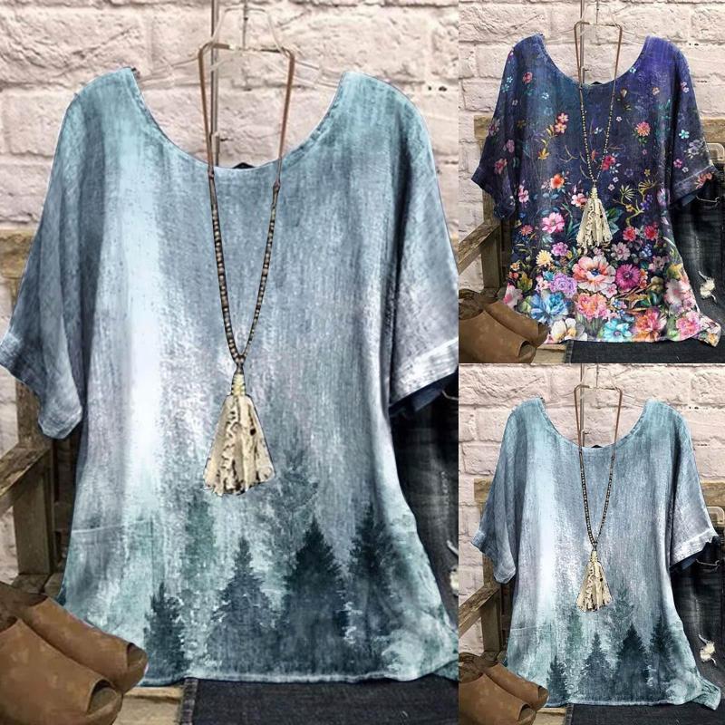 

Women's Blouses Women Fashion Loose Tops Summer Casual Floral Printed Top Shirt O Neck Elegant Tunic Oversized, Blue