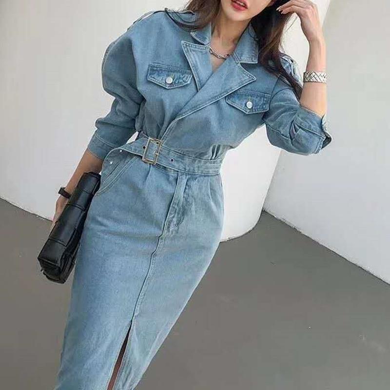 

Casual Dresses Elegant Full Sleeve Split Women Denim Dress Notched Collar Slim Waist Belted Female Bodycon Spring Midi Vestidos L001Casual, Blue
