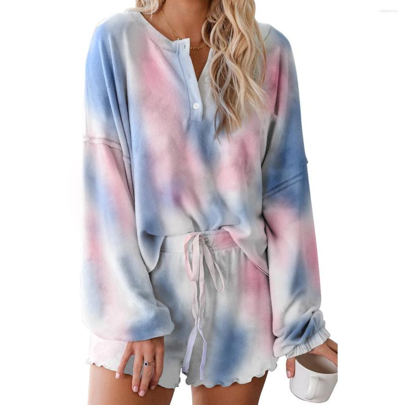 

Women' Sleepwear Pajama Set Tie-Dye Leopard Print Casual Clothes Long Sleeve Top Ruffled Shorts, Beige