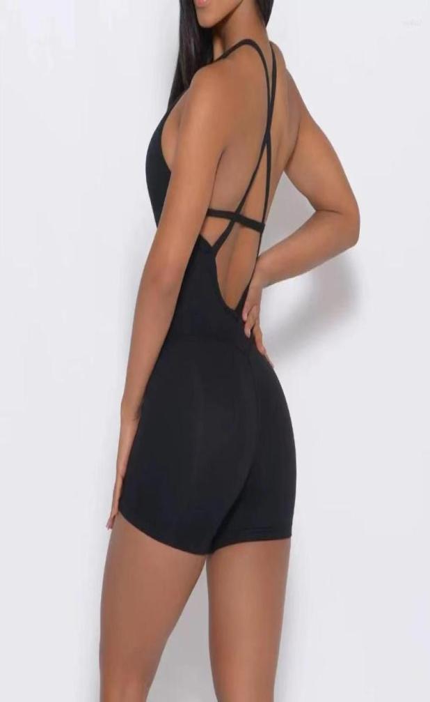 

Running Shorts Yoga Bodysuit Back Hollow Body Training Fitness Sports Jumpsuit Sexy Hip Pants OnePiece Cross8233124, Black
