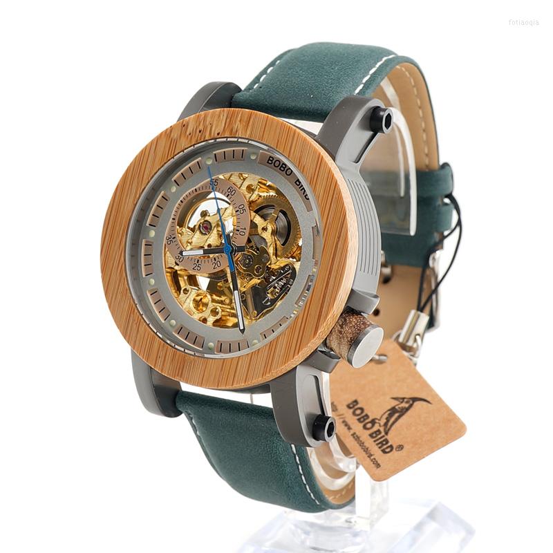 

Wristwatches BOBO BIRD Top Automatic Mechanical Casual Watch Men Skeleton Bamboo Wooden With Steeling In Handmade Gift Box, Picture shown