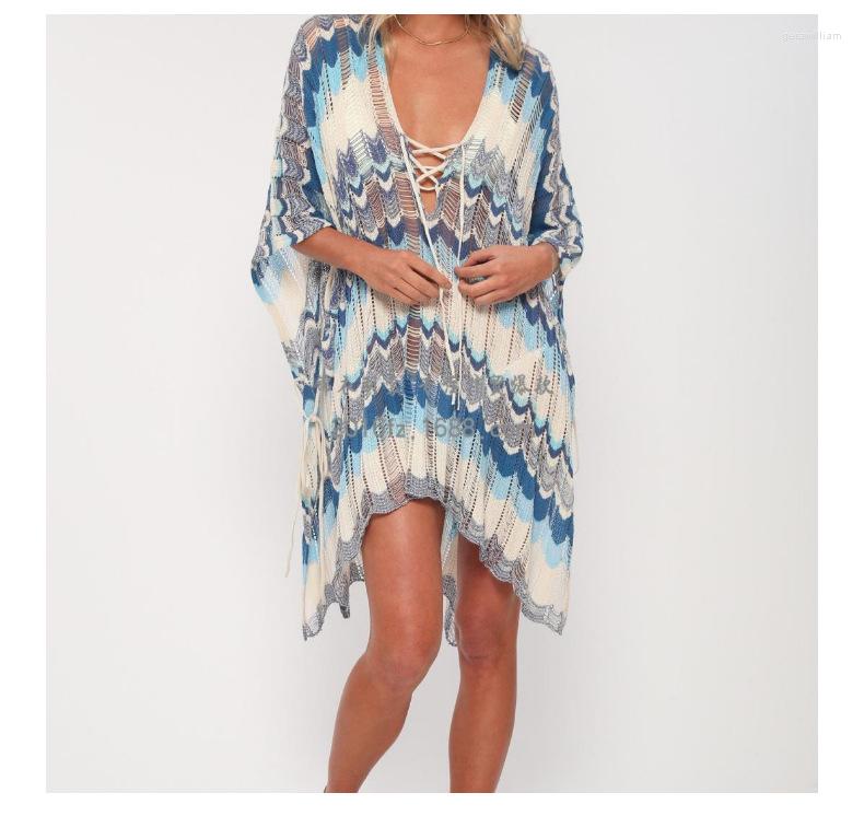 

Women's Sweaters 2023 Loose Hollow Out Pullovers Women Casual Summer Dress Sweater Beach Holiday Bikini Sun Protection Stripe Knitwear Blue