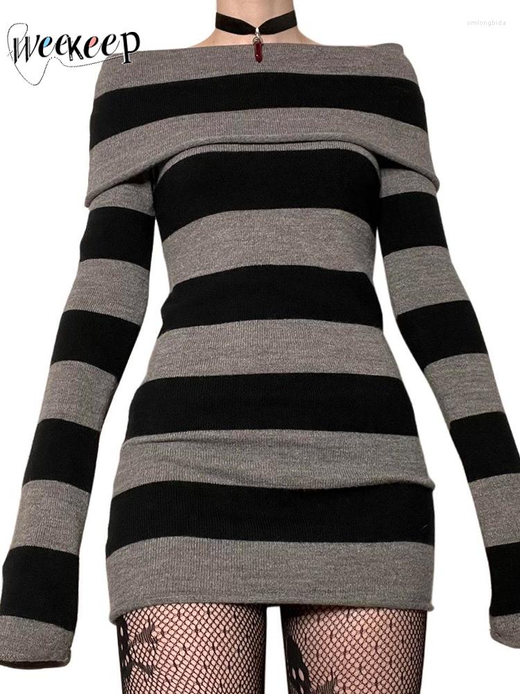 

Women' T Shirts Weekeep Striped Print Long T-shirt Women Vintage Skinny Knitwear Pullovers Korean Fashion Slash Neck Full Sleeve Ladies, Black
