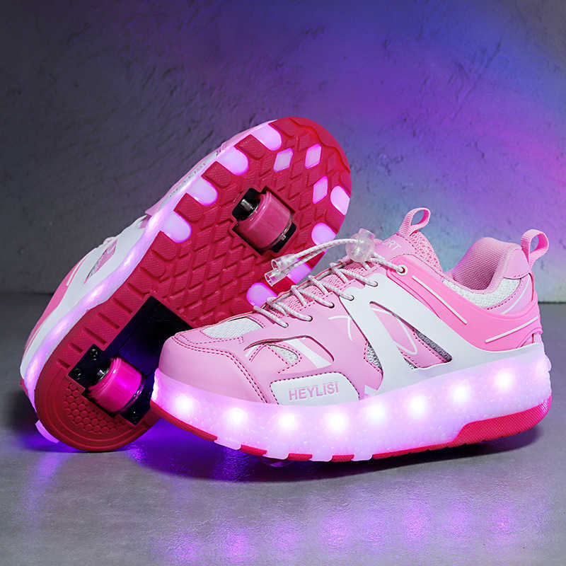 

New Spring Chilen's Luminous Shoes Boys' Single Wheel Runaway Shoes Girls' Pulley Shoes Usb Charging Led Light Switching, Single wheel white