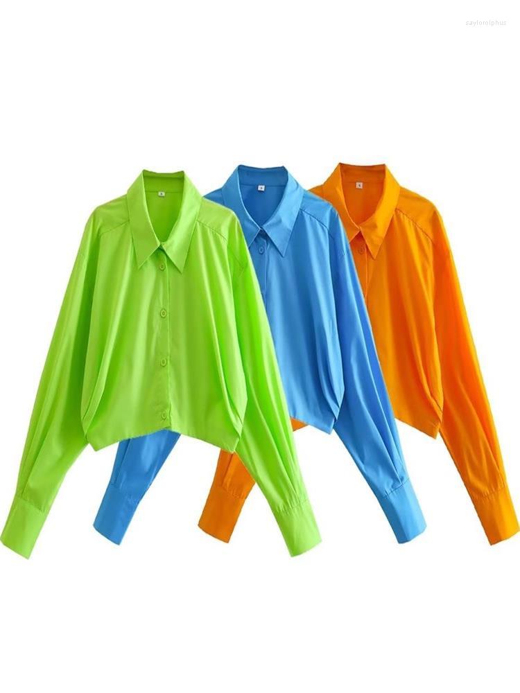 

Women' Blouses MESTTRAF Women 2023 Fashion Solid Color Cropped Gathered Shirts Vintage Long Sleeve Front Button-up Female, Picture shown
