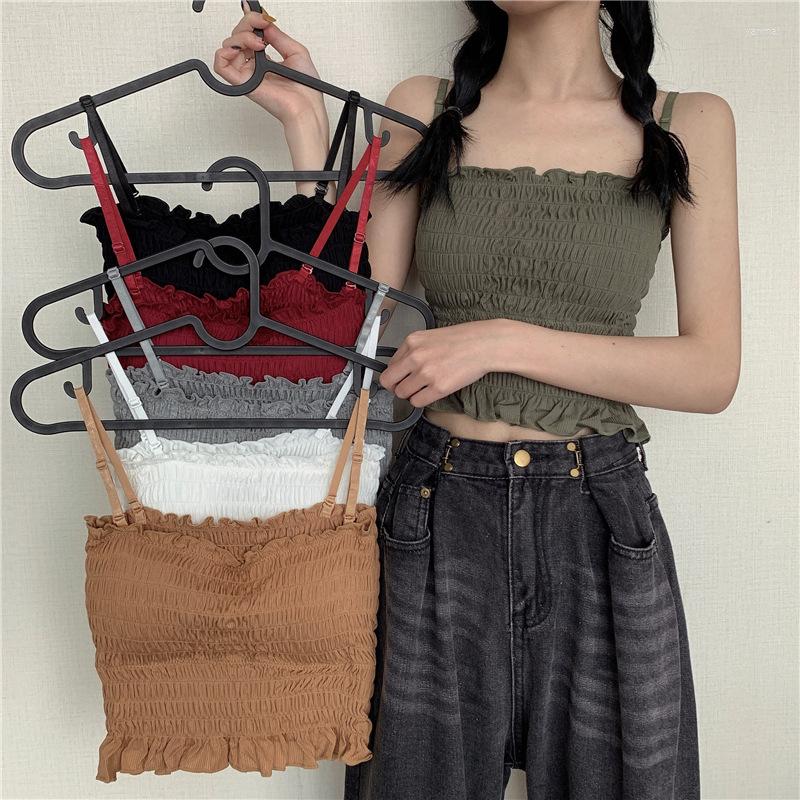 

Women's Tanks Camisoles Women Summer Pleated -line Adjusted-strap Sexy Solid Womens Korean Style Tank-tops Ladies Outwear Skinny Chic, Gn