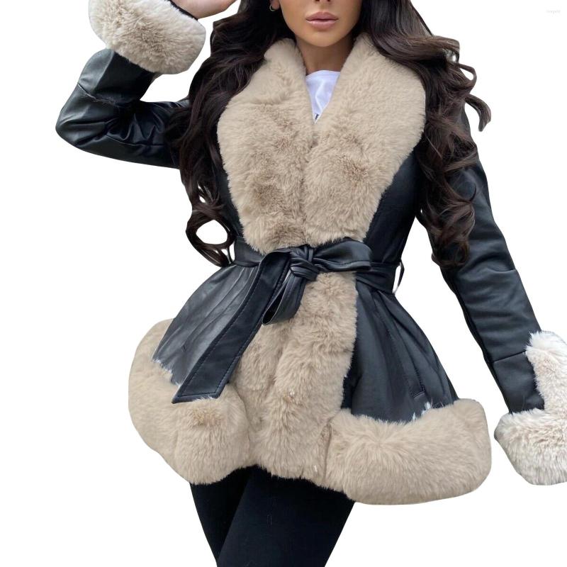 

Women' Jackets Fashion Ladies Leather Open Front Jacket Women Casual Contrast Color Plush Collar Warm Cardigan With Belt Outwear Streetwear, Beige