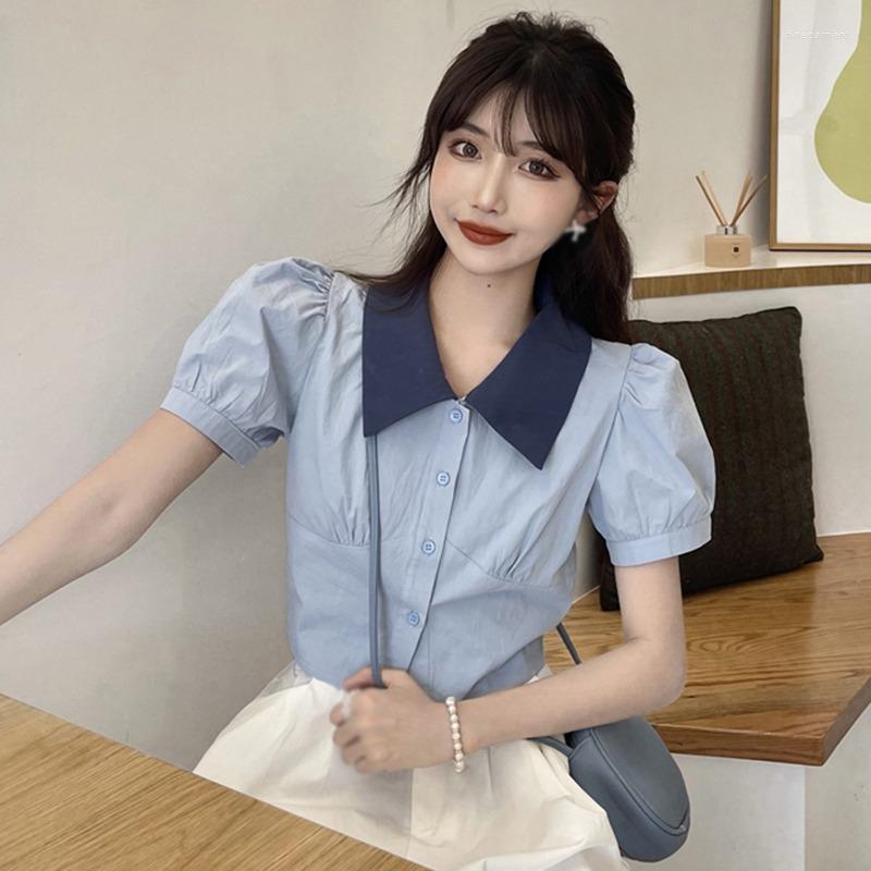 

Women's Blouses Summer French Style Women Sweet Folds Blouse Princess Cropped Top Fashion Lapel Collar Puff Sleeve Blusas Tiny Slim, Khaki