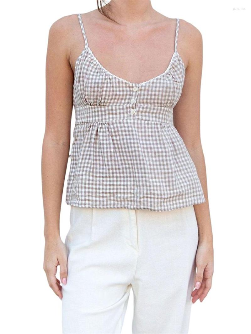 

Women' Tanks Fashion Women Summer Casual Camisole Solid/Plaid Sleeveless Deep V Neck Ruffle Hem Sling Vest, Green