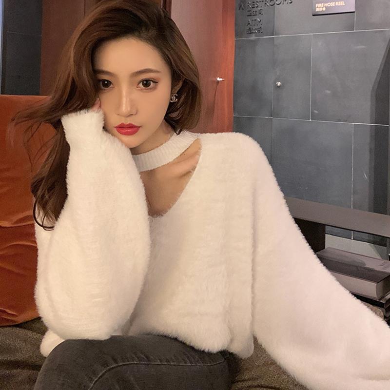 

Women's Sweaters Halter V-Neck Loose Knitted Sweater Women Mink Cashmere Jumpers Oversized Elastic Casual Pullovers Lantern Sleeve Vintage X, Gray