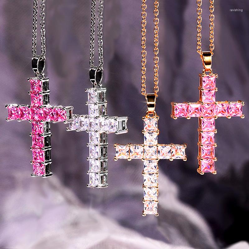 

Pendant Necklaces Female Cross Women Necklace Inlaid White/Pink Cubic Zirconia Gold Color Choker Hippie Neck Chain Iced Out Pendants Party