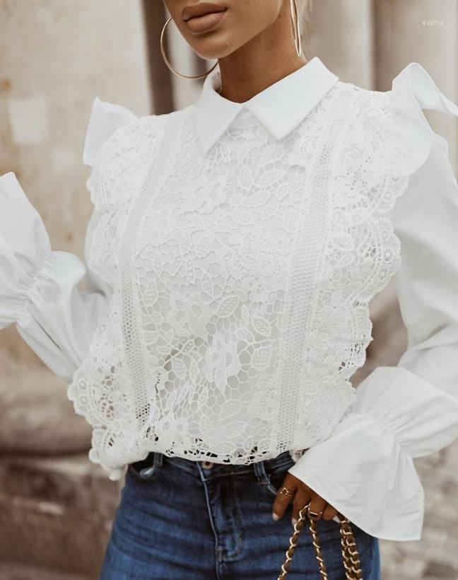 

Women' Blouses Ruffle Hem Long Sleeve Lace Shirt Hollow Out Turn-down Collar Casual Shirts Buttons Girls