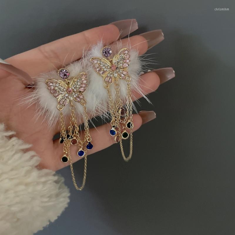 

Dangle Earrings 2023 Autumn And Winter Plush Butterfly Tassel Korean Version Shiny Zircon Hair Ball Long Chain Jewelry