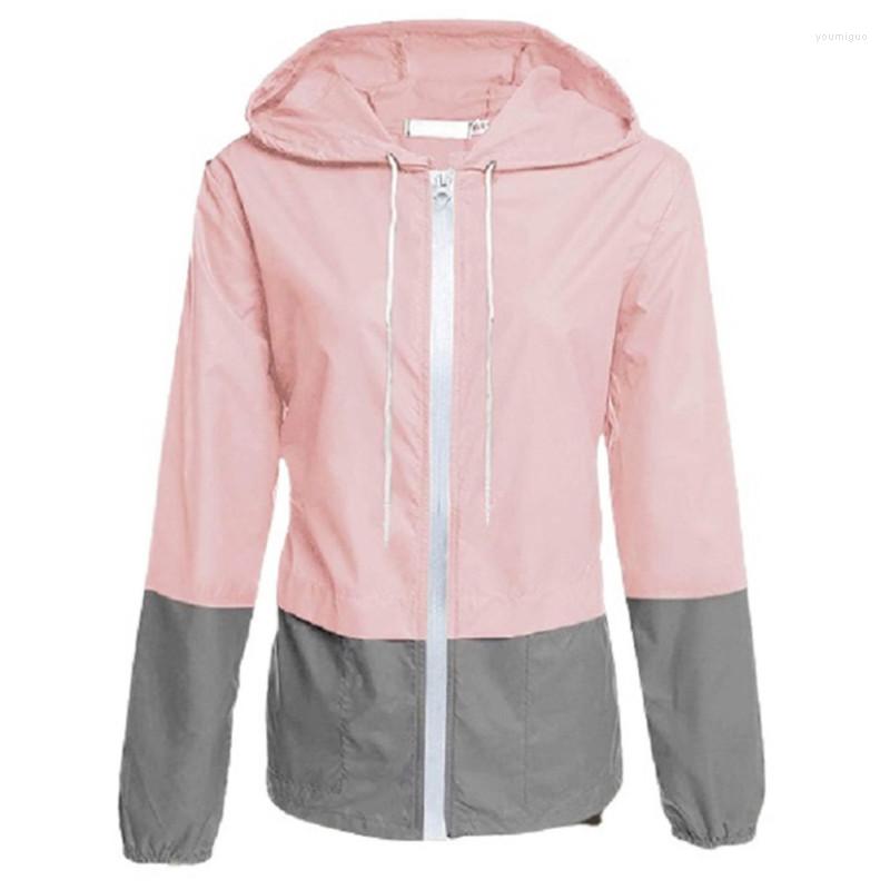 

Women' Jackets Spring Autumn Women Packable Rain Jacket Outdoor Color Block Hooded Windbreaker Outwear