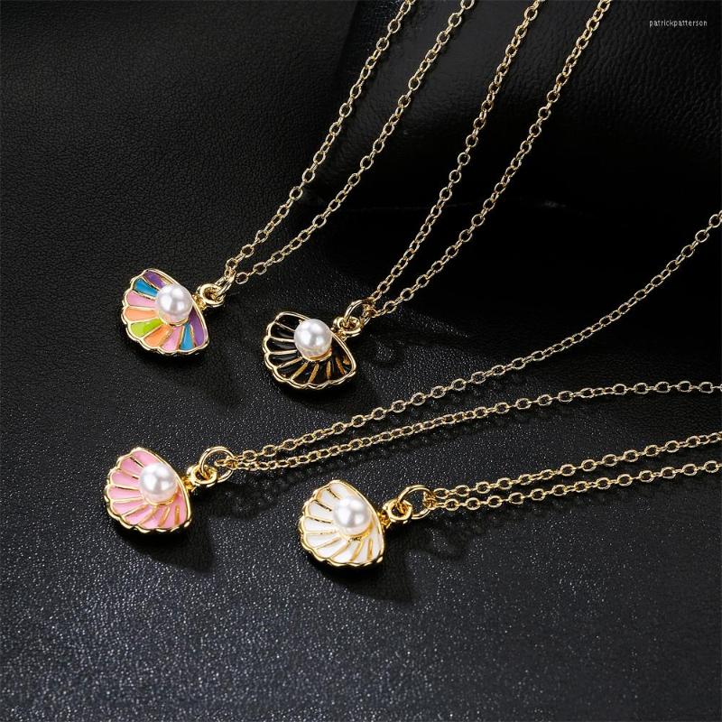 

Pendant Necklaces BUY Unique Design Oil Dripping Cute Shell Imitation Pearls Gold Color Copper Chain Necklace For Women Party Jewelry