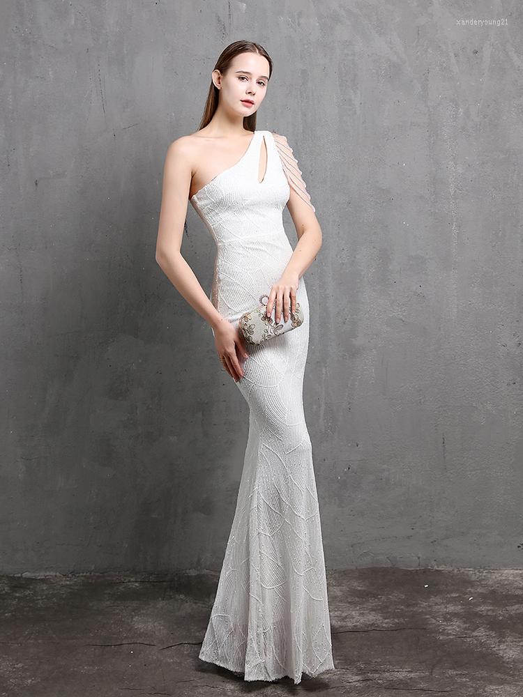 

Party Dresses Elegant One Shoulder Mermaid Sequins Cocktail Dress Sleeveless Slim Tassels Crystal Prom Gowns Women's Formal Long, Black