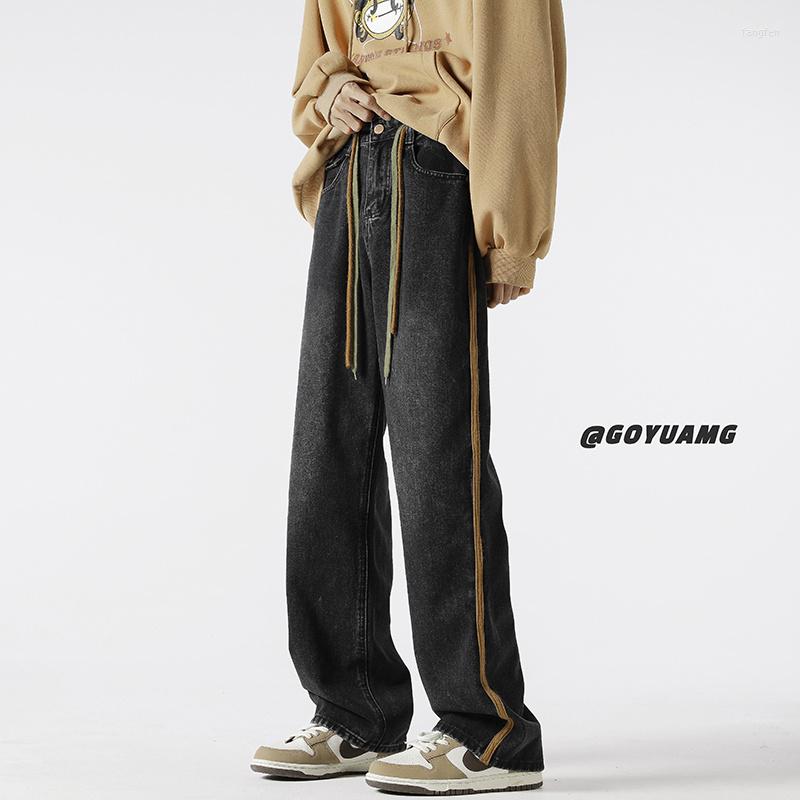 

Men's Jeans Blue Black Baggy Men Fashion Vintage Belt Japanese Streetwear Hip-hop Loose Straight Denim Pants Mens Trousers