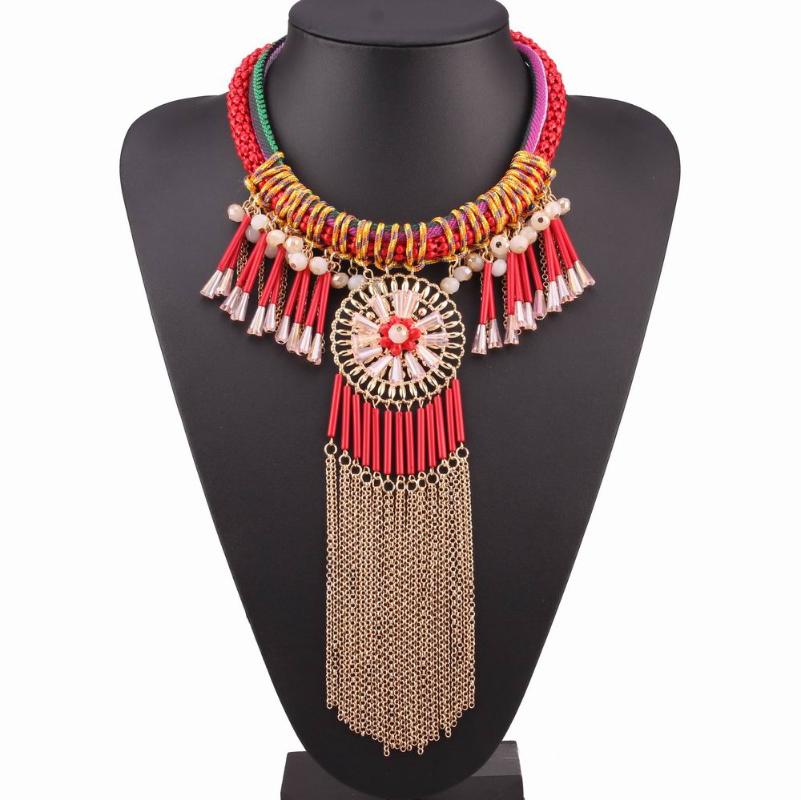 

Pendant Necklaces Big Flower Multi Layers Rope Chain Tassel Red Statement Necklace For Women Gift Brand Design Fashion