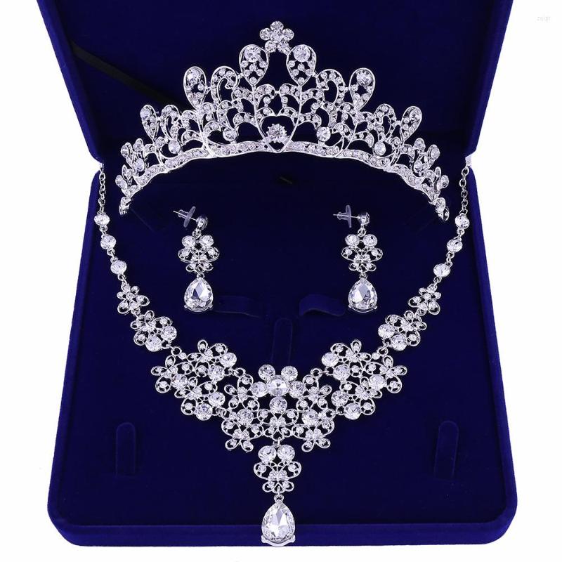 

Necklace Earrings Set 2023 Silver Plated Crystal Bridal Wedding Party Jewelry Tiara Crown For Brides Hair Accessories, Picture shown