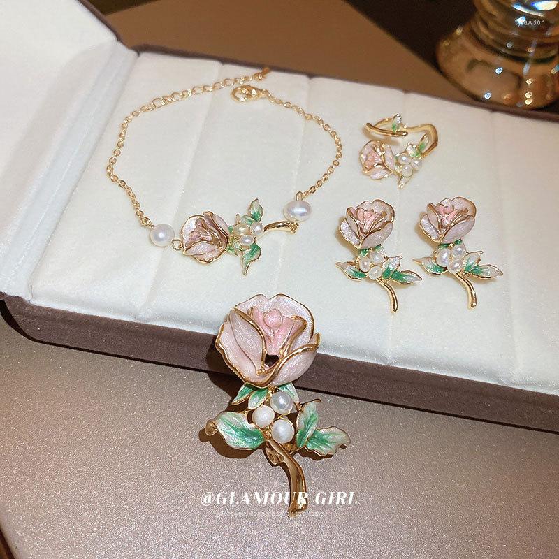 

Pendant Necklaces Minar Textured Pink Green Gradient Enamel Rose For Women Natural Freshwater Pearl Choker Necklace Pendientes