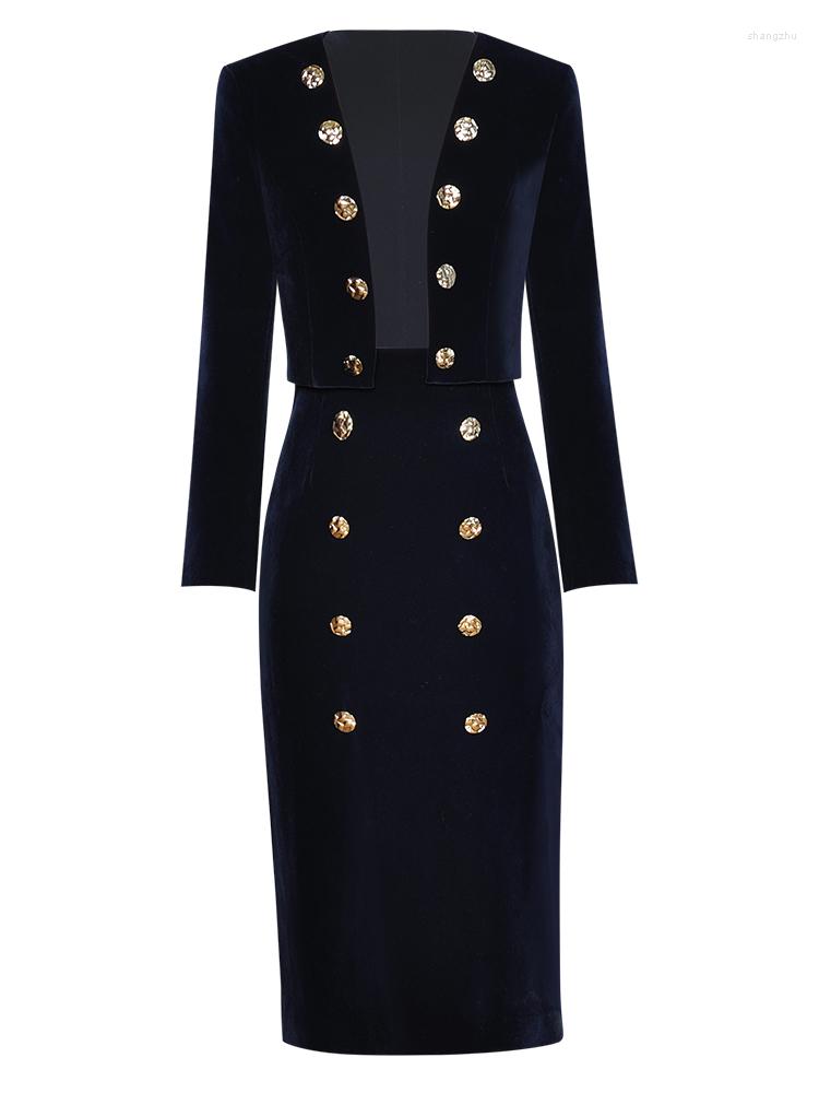 

Work Dresses Runway Designer Spring Autumn High Quality Button Tops Slim Pencil Skirt Party Casual Elegant Chic Vintage Black Women, Deep blue