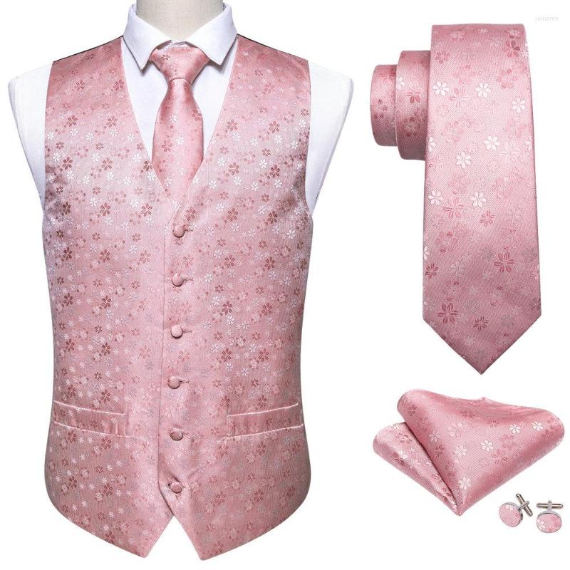 

Men' Vests 4PC Pink Floral Silk Vest Waistcoat Men Slim Suit Silver Necktie Handkerchief Cufflinks Tie Barry.Wang Business, Gm-2520