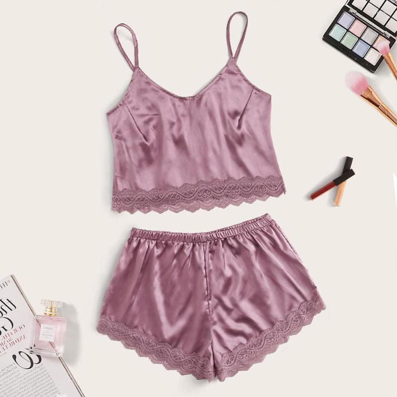 

Women's Sleepwear Brand Women Sexy Satin Pajamas Sets Female Summer Stripe Solid Color Camisole Shorts Homewear Casual Clothes Suit, Wine red
