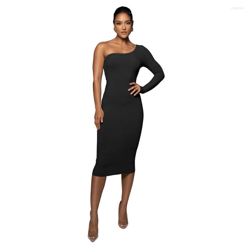 

Casual Dresses 2023 Women One Shoulder Long Sleeve Bodycon Elegant Knee Length Party Knit Ribbed Sexy Back Hollow Out Dress Black