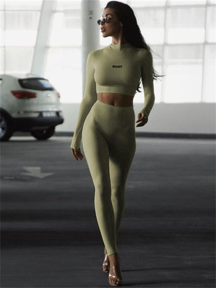 

Women' Two Piece Pants Fall Outfits Sporty Green 2 Sets Tracksuits Women For 2023 Wholesale Long Sleeve Crop Top Leggings, Black