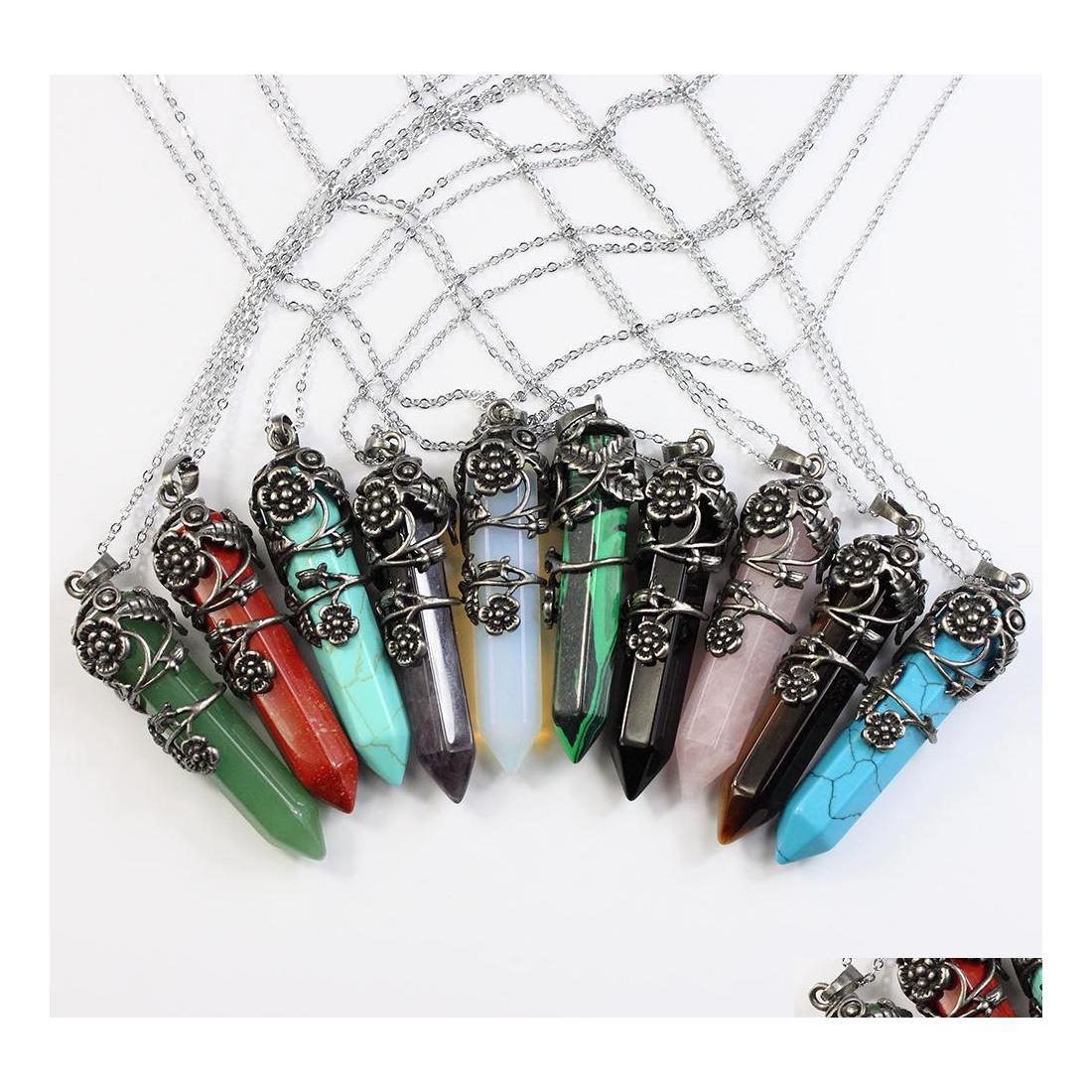 

Pendant Necklaces Retro Natural Healing Stone Crystal Pendum Necklace Pink Rose Quartz Chakras Hexagon Prism Leaf Flower For Gift Je Dhac0