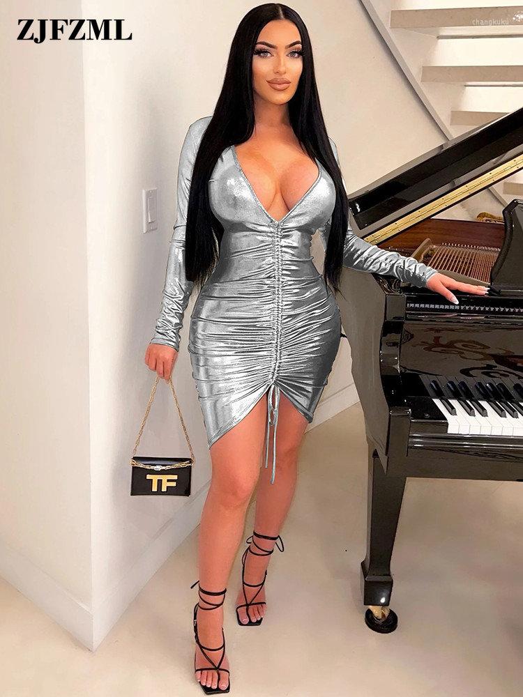 

Casual Dresses Vintage Women Front Ruched Drawstring Package Hip Dress Sexy Plunge V Neck Long Sleeve Homecoming Party Clubwear Skinny, Black