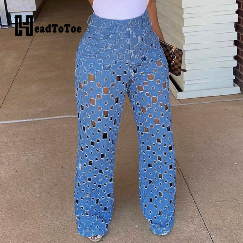 

Women' Jeans Chic Hallow Out High Waist Wide Leg Women Casual Denim Pants, Blue