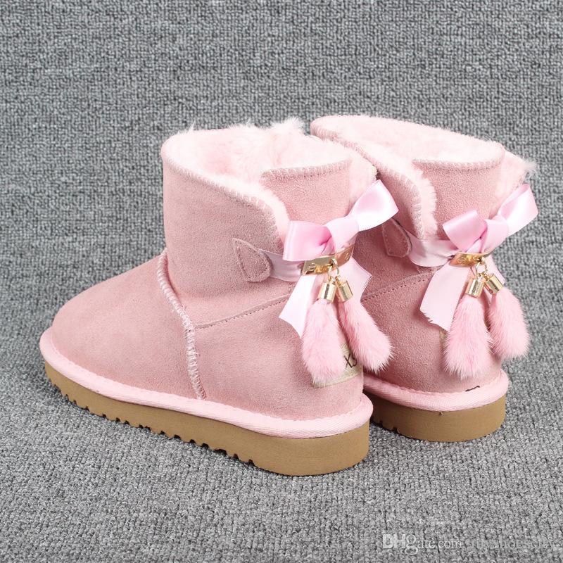 

size 35 to 43 high quality bowknot cowskin real leather snow boots thick fur boots woman ankle bootie designer