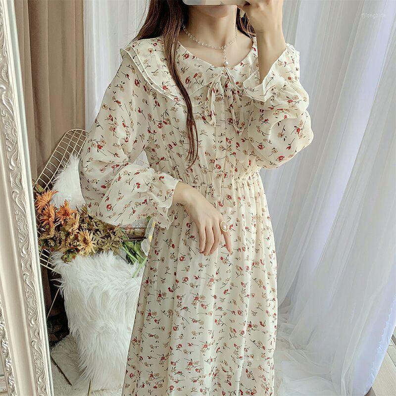 

Casual Dresses Doll Collar Floral Chiffon Dress Women' Long Sleeve Autumn Woman Vestido De Mujer Femme Robe, Purple
