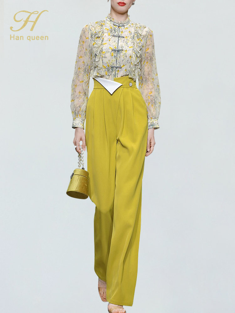 

Womens Two Piece Pants H Han Queen Occupation 2Piece Suits Womens Autumn Elegant Print Puff Shirt Blouse Simple High Waist Pants Korean Casual Set 230220, Multi